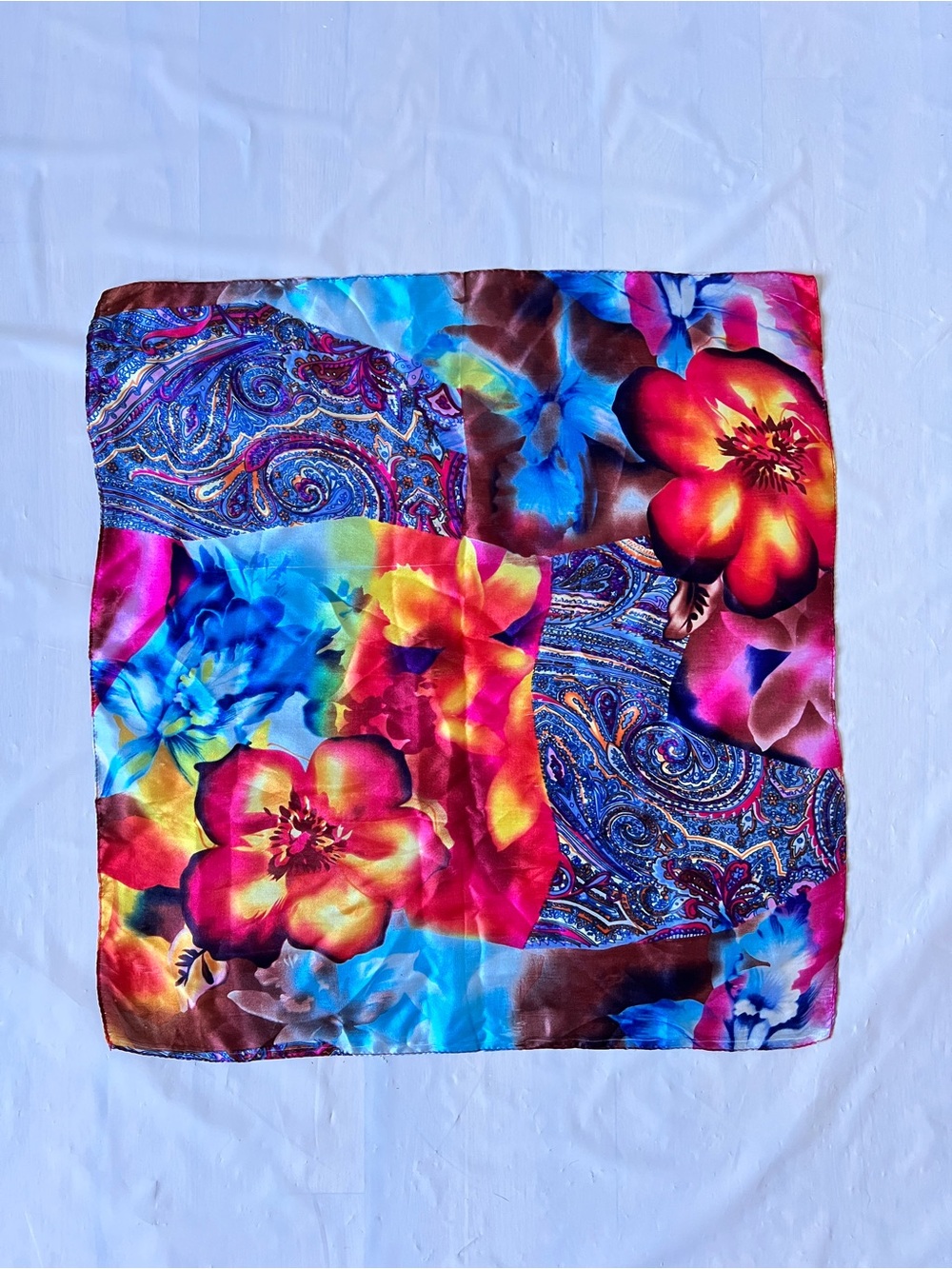 Vintage Silk Square Scarf Floral Paisley Patchwork Neckerchief 21" feather light